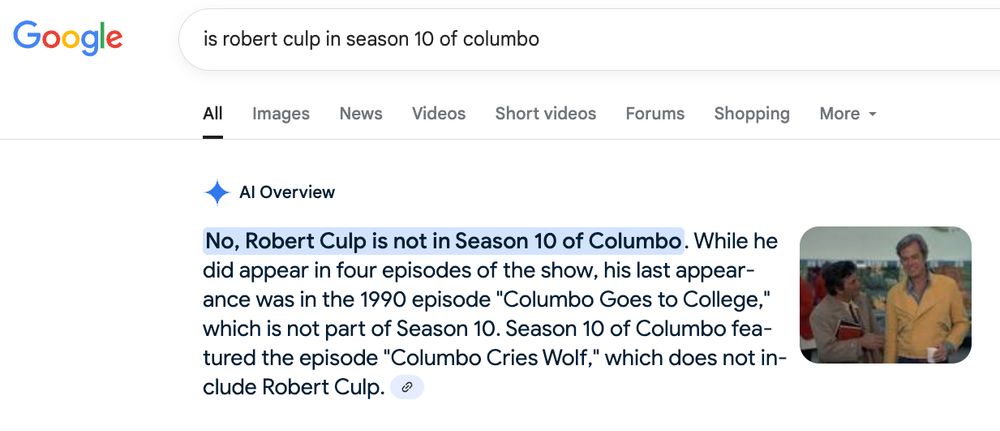 A Google AI answer to the question "is Robert Culp in season 10 of Columbo?". The text reads "No, Robert Culp is not in Season 10 of Columbo. While he did appear in four episodes of the show, his last appearance was in the 1990 episode "Columbo Goes to College," which is not part of Season 10. Season 10 of Columbo featured the episode "Columbo Cries Wolf," which does not include Robert Culp." 