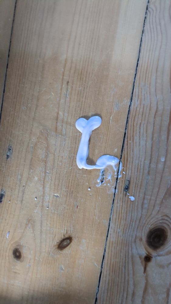 A splodge of yoghurt on a wooden floor. The splodge is shaped like a penis and testicles