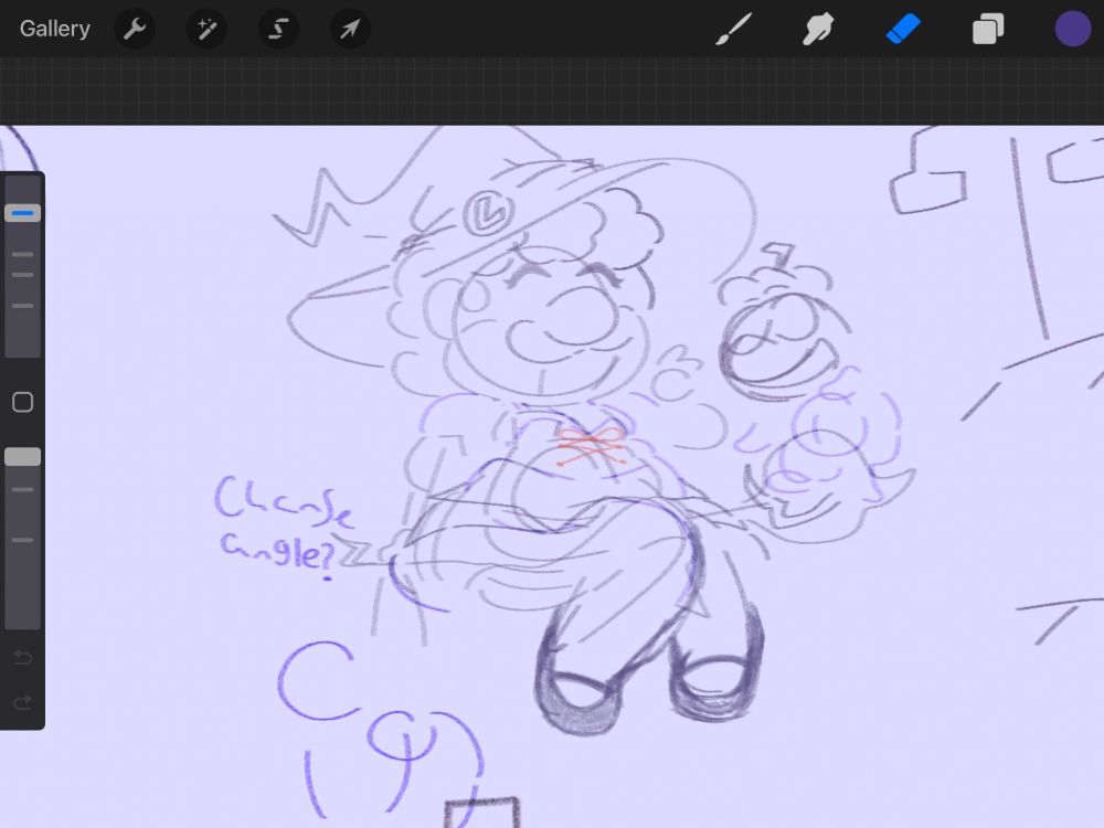 (Luigi on a broom wearing a witch hat with a dress and penny loafers, polterpup within a pumpkin costume. Prince peasley was going to be added dressed as a vampire with bloody fangs too but I’m quite bad at completing art currently)