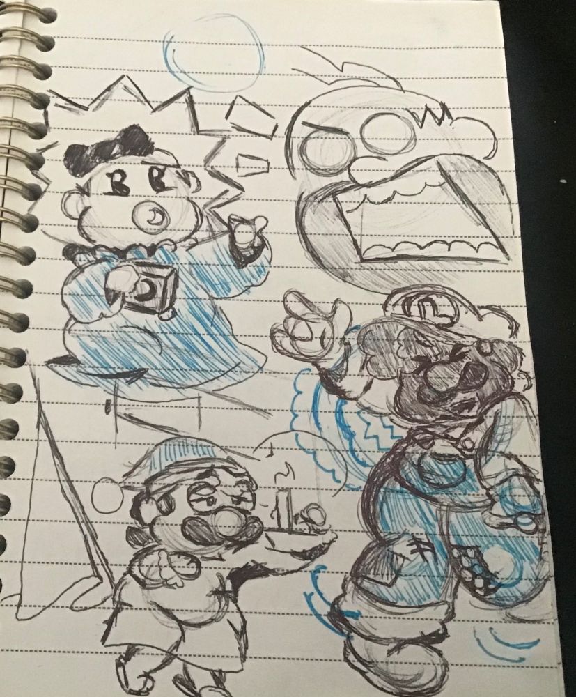 More blue n black pen drawings, Maggie, Homer and two Luigis are at the bottom 