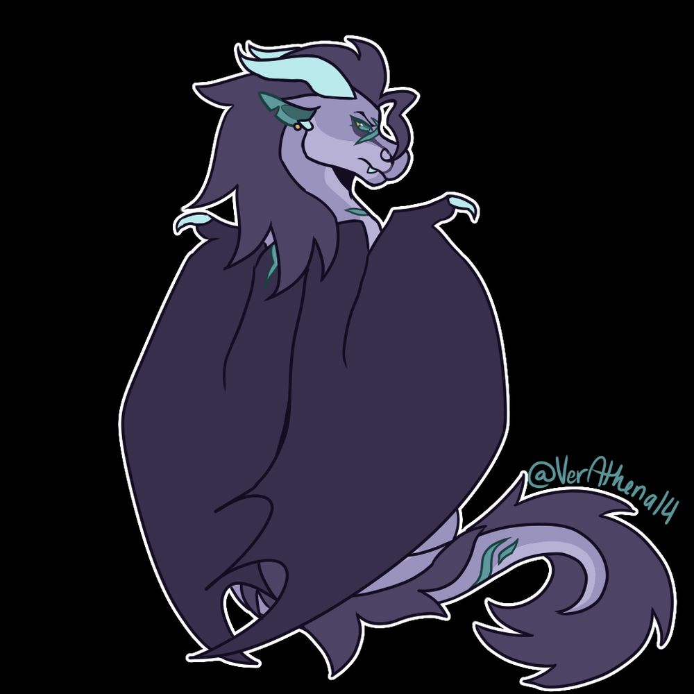 A digital drawing of Barok van Zieks as a dragon. He is sitting with his back to the viewer, wings tucked close to obscure most of his body, and his head is turned to look suspiciously over his shoulder. He is purple-grey with blue eyes. His main body is a very pale purple, a line of fur along his spine is a medium purple-grey, and his wings are darker. There is a small line of darker purple scales that run below his eyes to his nostrils. He has a few blue scars on his face, neck, wing-shoulder, and tail, as well as a tear in his ear. He has a small golden earring in his ear.