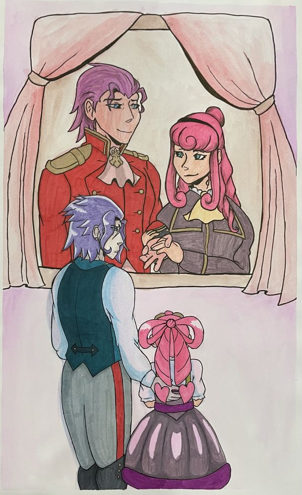 A piece of physical art, lined with pen and colored with watercolors and markers. Barok van Zieks and Iris Wilson are standing in front of a framed painting of Klint van Zieks and Lady Baskerville. Barok has a comforting hand on Iris's back, and his expression is sorrowful. Iris's back is to the viewer, but her hair loops are drooping sadly.