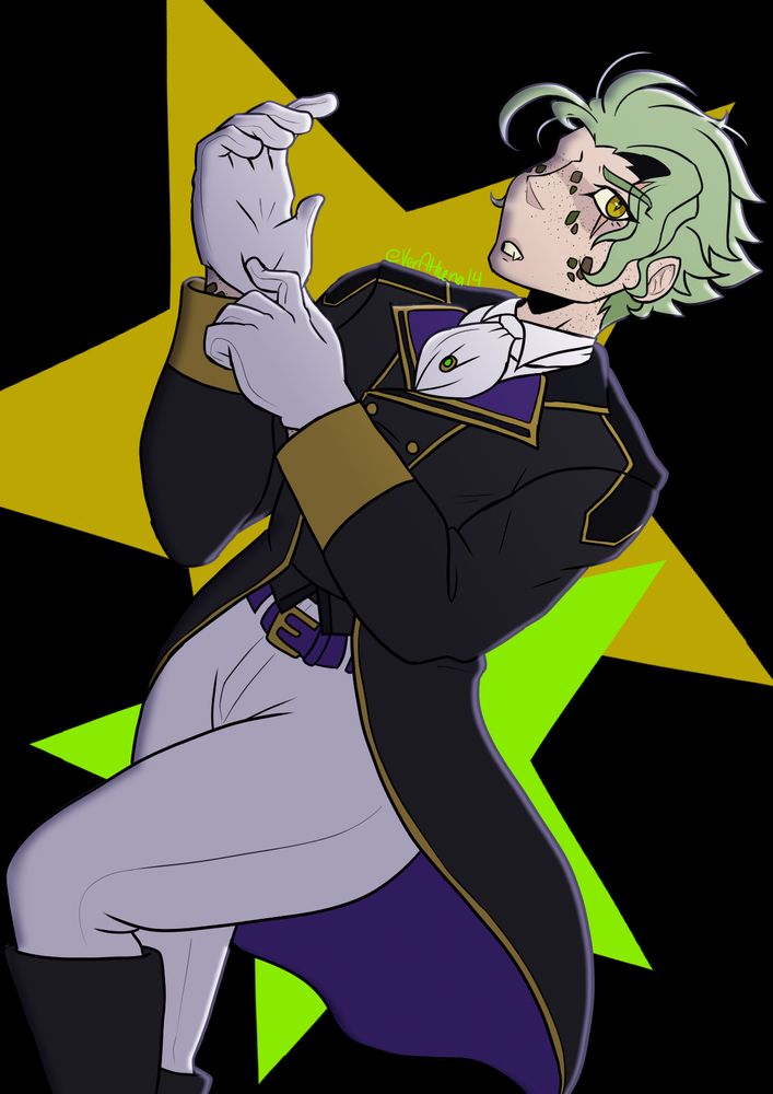A digital drawing of Sebek Zigvolt wearing his Equestrian Club Wear outfit. He is leaning backwards, one leg raised, as if off balance. He is pulling on one of his white gloves, and he looks toward the viewer with a mildly confused or surprised expression. In addition to his canon design, he also has a scar beneath his left eye and on his left eyebrow, as if he had closed his eye when the scar was made, and a spattering of green and brown scales, most of them small enough to be mistaken for freckles. There are two stars that form the image's background, one the same golden as his eyes and the other a vibrant chartreuse like the gemstone in his cravat.