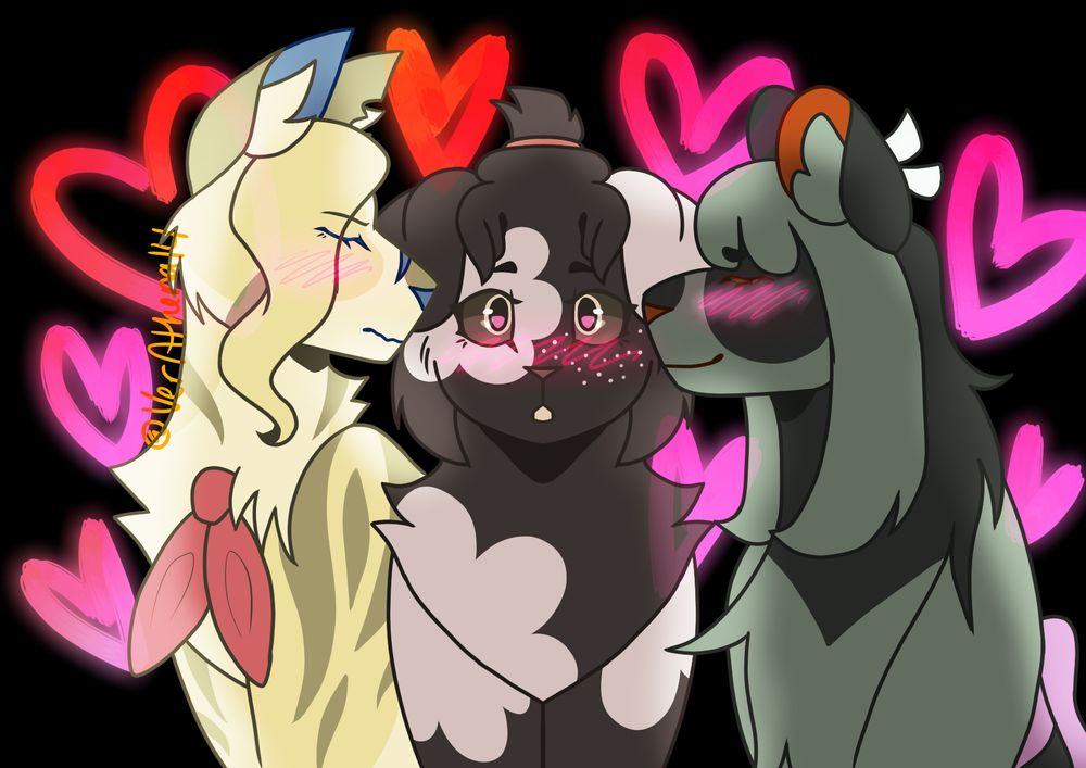 Catified versions of Gina Lestrade, Susato Mikotoba, and Rei Membami. Gina is a pale ginger tabby, Susato is a black cat with medium white spotting in the shape of flowers, and Rei is a greenish-dark-gray cat. Susato is between Gina and Rei, with a surprised and blushing expression. Gina and Rei are on either side of her, each touching her cheek with their nose. Rei looks contented, and Gina looks mildly embarrassed. They are also both blushing. Behind all of them are a multitude of hearts, made in an orange-pink gradient reminiscent of the lesbian flag.