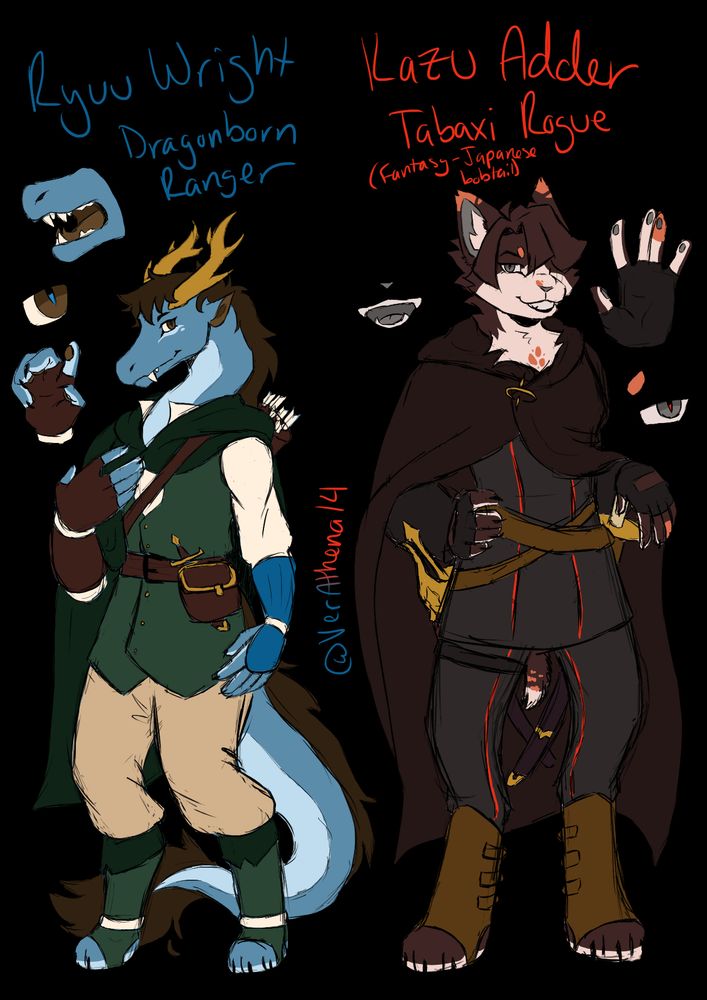 Digital art of Ryuu Wright, a dragonborn ranger, and Kazu Adder, a tabaxi rogue, based on Ryunosuke Naruhodo and Kazuma Asogi respectively. Ryuu is a pale blue anthropomorphic Eastern dragon, with golden antlers and fluffy dark brown fur along his spine and on the tip of his tail. His eyes are brown. He wears a white undershirt, beige trousers, his blue armguard, a dark green tunic, hooded cape, and shin guards. He also has a brown fingerless glove on his right hand, a quiver of arrows, and a pouch on the belt around his waist, as well as a dagger tucked behind that belt. Kazu is based on a Japanese bobtail, having a tuxedo cat coloration in addition to small orange spots - particularly on his brow, eartips, chest, nose, tail, and fingers. He has a small nick on his left ear. He is wearing a dark gray outfit, skintight and with bold red highlights along the seams. He also has even darker fingerless gloves, and a strap around his right thigh that holds a dagger. Over his outfit is a long, dark hooded cape, held by a pin that resembles a spinning top. He has two criss-crossed belts, one holding his katana Karuma and the other a rapier. He also wears the same leather chaps as his canonical design, but is barefooted. His eyes, nose, inner ears, and finger/paw pads are a stormy gray.