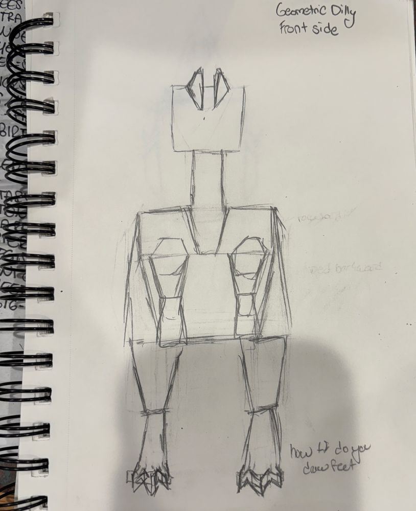 A pencil sketch of a theropod dinosaur in a geometric style. This one is viewed from the front. In the bottom right corner are the words “how tf do you draw feet”