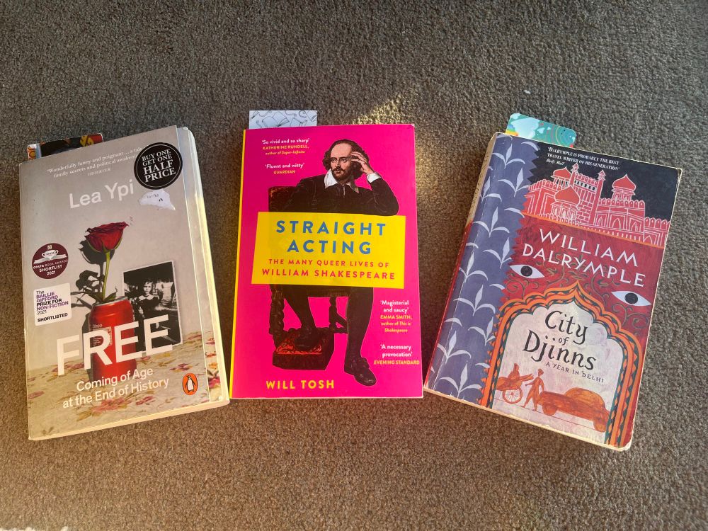 Three books in dappled sunlight. One has a photograph of a coke can and is a biography about a woman’s childhood in Albania when communism ended; one is neon yellow and pink and features Shakespeare posing like he’s on a dating app; the third is red with detailed patterns, pictures of Indian buildings and a blue margin. 