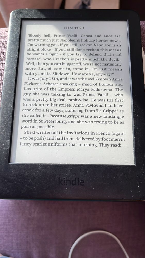 A screenshot of the intro to War and Peace into Bogan. It starts with “Bloody hell, Prince Vasili, Genoa and Luca are pretty much just Napoleon’s holiday homes now… I’m warning you, if you still reckon Napoleon is an alright bloke - if you still don’t reckon this means he wants a fight - if you try and defend that mad bastard, who I reckon is pretty much the devil… well, then you can bugger off, we’re not mates anymore. But Oi, come in, come in, I’m just messing with ya mate. Sit down. How are ya, anyway?”