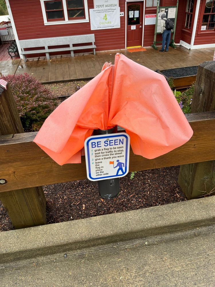 Orange flags meant to be used by people crossing the street. 