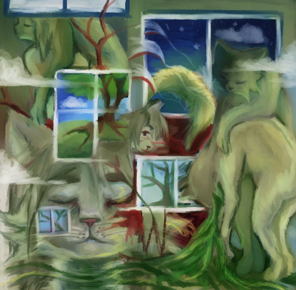 A digital painting featuring the user's fursona, an anthropomorphic gray and green cat, in various poses; there's a close up on the face, one crouches in the corner, and one  is slouched over with vines spilling out the mouth area while a duplicate leans over their body. Various framed windows alternate upwards from the left corner and show the outdoors. Tree branches and clouds appear both inside and outside the windows.