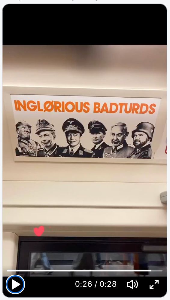 Image of Trump Musk, Vance, Putin and two others foreign leaders in military uniforms, with the heading, "Inglorious Badturds." 