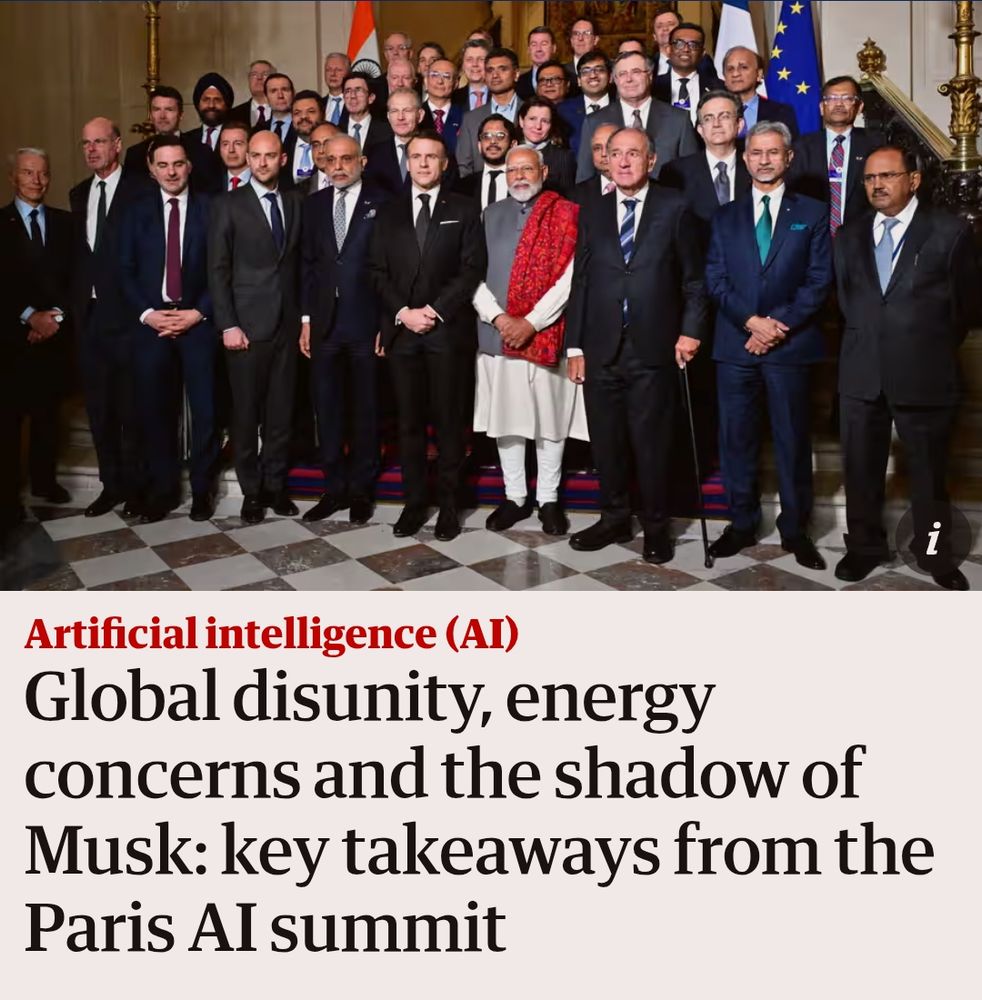 Shows a photo taken at the recent Paris AI submit, of around 50 world leaders with only one woman.