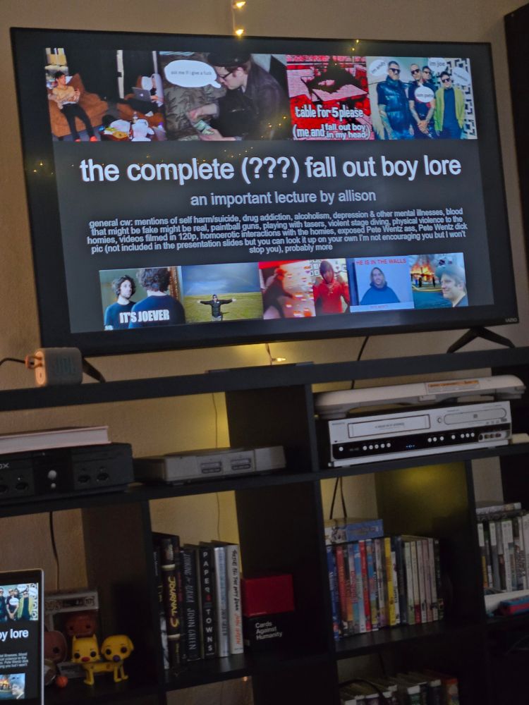 A PowerPoint titled "the complete (???) fall out boy lore"