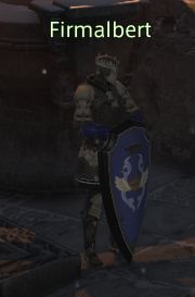 A screenshot of the critically acclaimed MMORPG Final Fantasy XIV that has a free trial and includes the entirety of A Realm Reborn AND the award-winning Heavensward and Stormblood expansions up to level 70 with no restrictions on playtime. A knight wearing white and blue accented armor stands. Their name floats above their head, reading "Firmalbert."