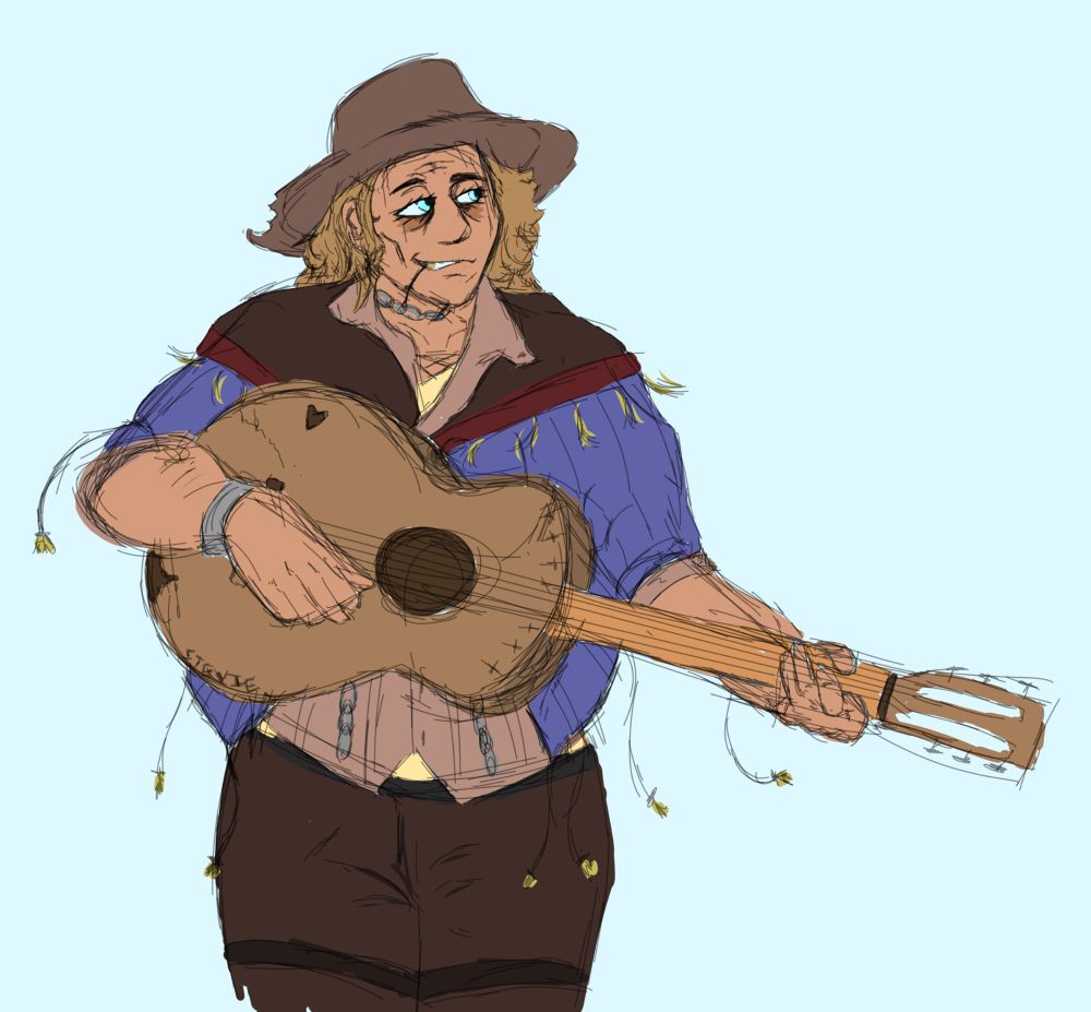 Muscular individual wearing tattered clothes, a tasselled shawl and carrying a guitar.

Stevie: Musician and Friend to All
