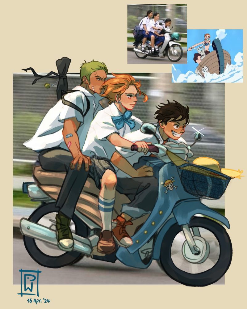 Art displaying Luffy, Zoro, and Nami from One Piece in the setting of a school AU with them in uniform. Nami is steering a scooter resembling her waver from the show. Luffy and Zoro are passengers with Luffy holding on to his school bag and Zoro carrying his kendo sword bag with a small mossball keychain attached.