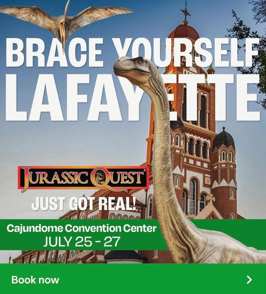 An advertisement for a dinosaur show. The main subject is an AI generated dinosaur with a theropod head on a sauropod body