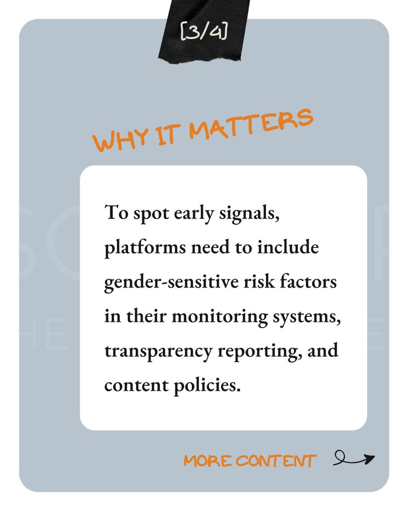 Slide titled “Why It Matters.” Text: “To spot early signals, platforms need to include gender-sensitive risk factors in their monitoring systems, transparency reporting, and content policies.”