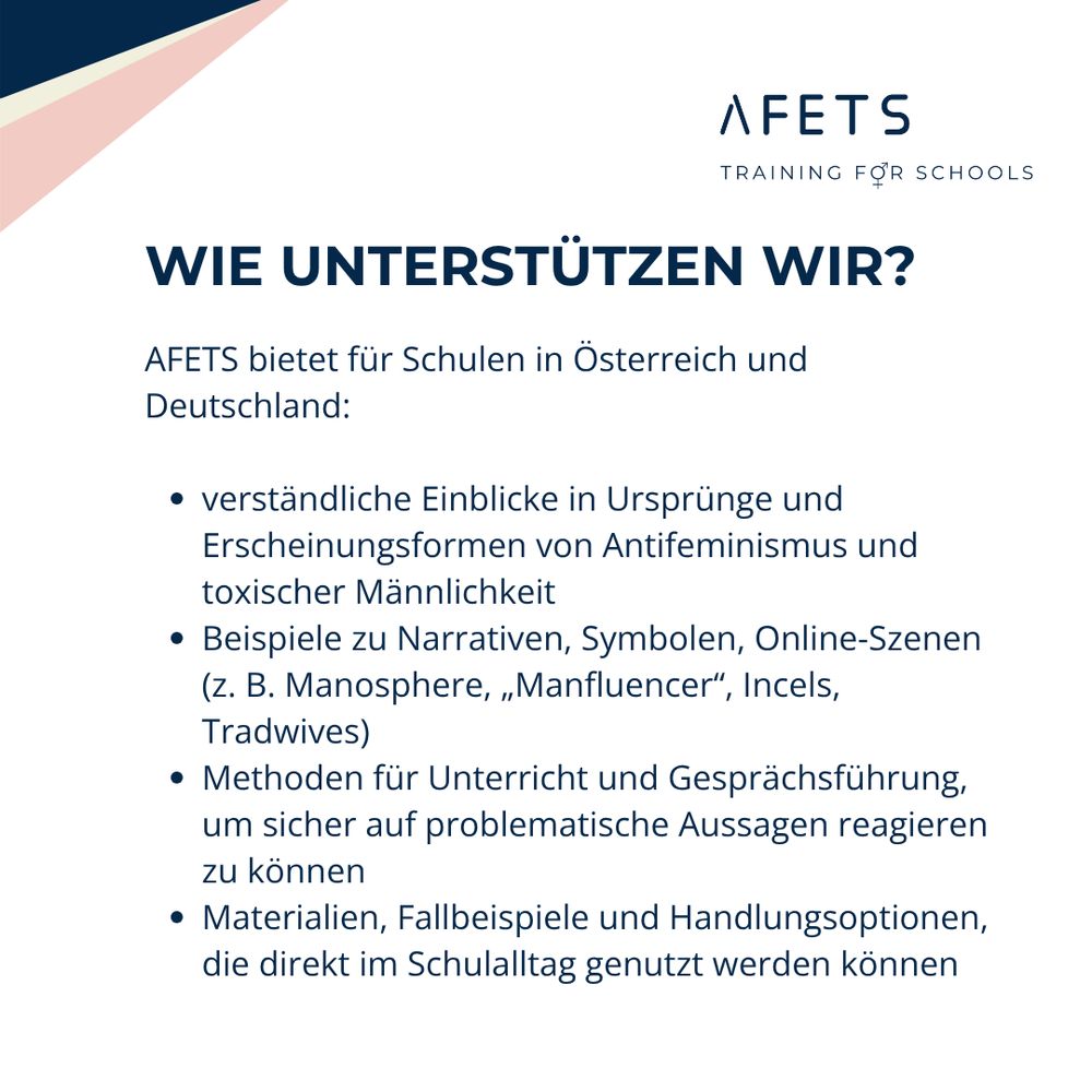 Slide mit dem Titel WIE UNTERSTÜTZEN WIR. Auflistung der AFETS-Angebote für Schulen: Einblicke in Ursprünge und Erscheinungsformen, Beispiele zu Narrativen und Online-Szenen, Methoden für Unterricht und Gesprächsführung sowie Materialien und Fallbeispiele für den Schulalltag.