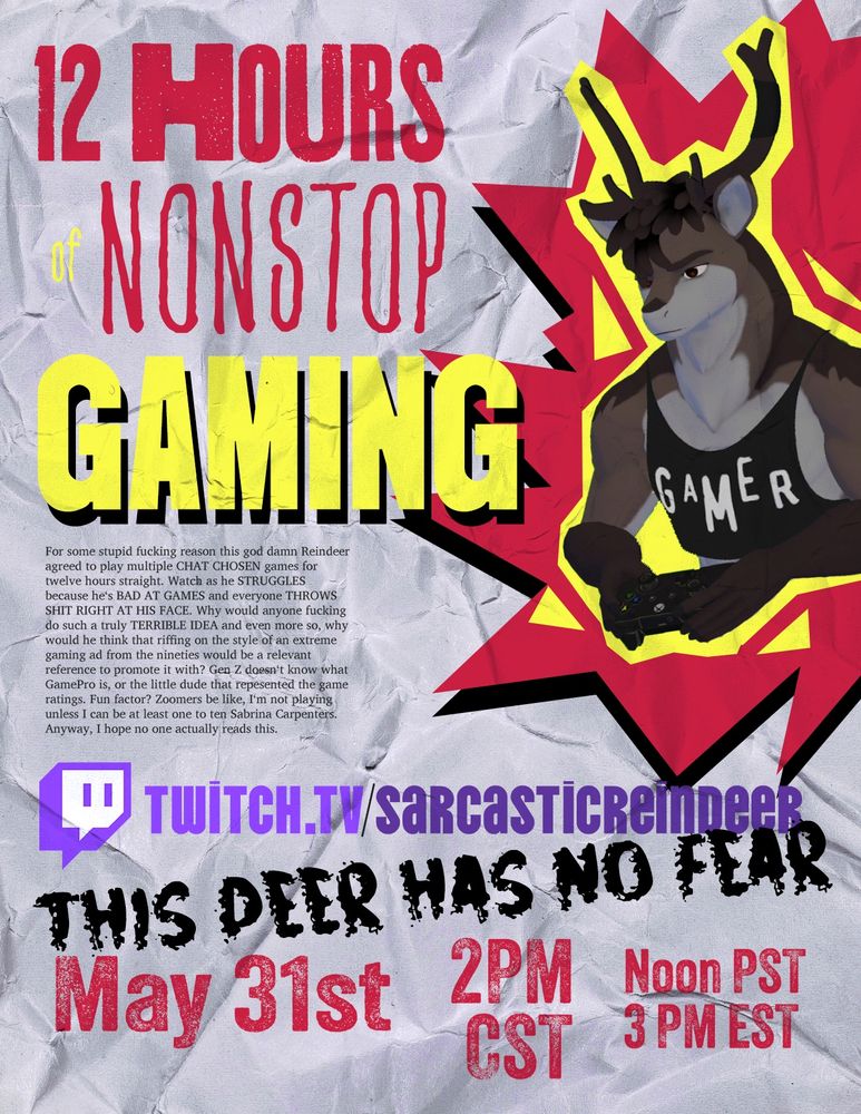 A promo for a 12 hour Twitch stream made in the style of a 90s Video Game advertisement 