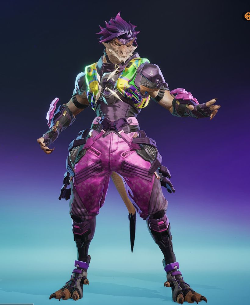 Fragpunk's new anthropomorphic lizard character, standing on a blank background, looking hot as hell and like he can throw it back 