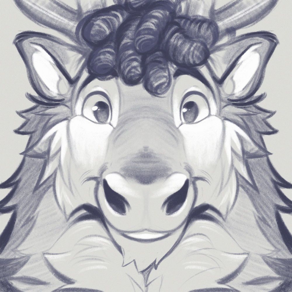 A close up, greyscale pencil drawing of a anthropomorphic Reindeer with dreadlocks 