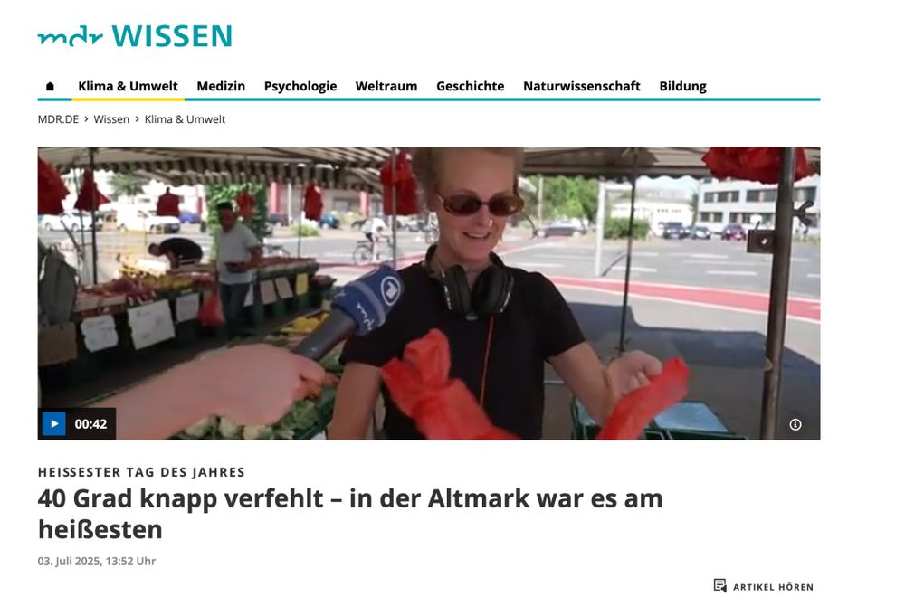 Screenshot eines Artikels von mdr.de mit der Überschrift "40 Grad knapp verfehlt - in der Altmark war es am heißesten"