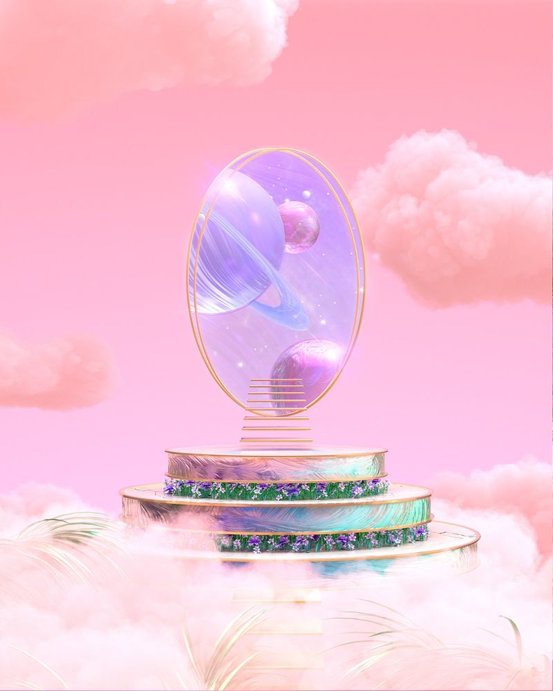 A pastel pink skyscape leading to a galaxy portal amongst the clouds