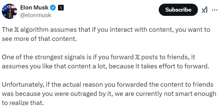 Elon Musk's post from X explaining how the X algorithm selected content to be shown to users. (Posted 2 Sep 2024, 4:01 am) https://x.com/elonmusk/status/1830440852411326782