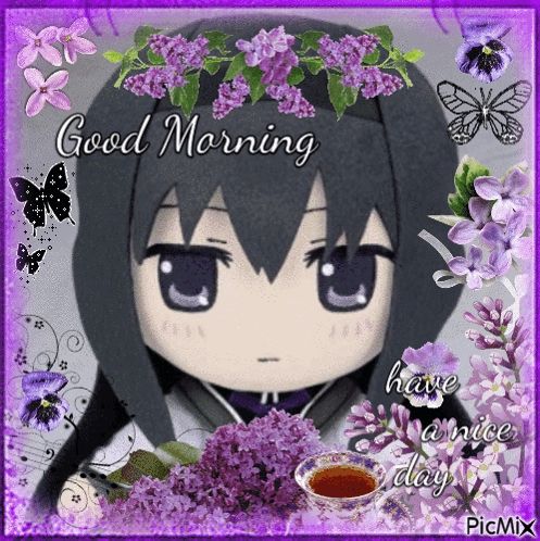 a picture of a girl with purple flowers and the words good morning