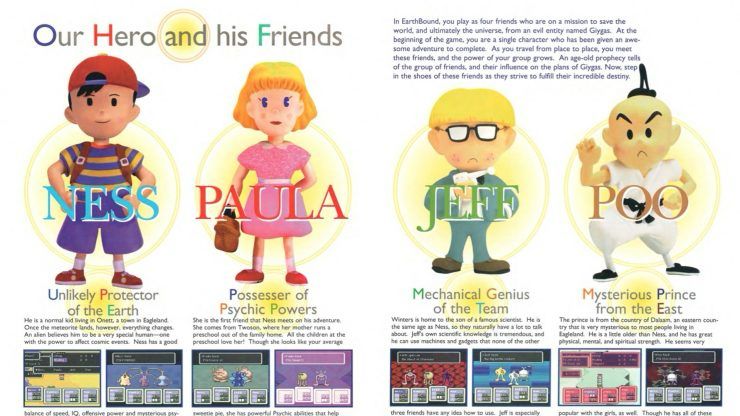 A spread from the EarthBound Player’s Guide showing the playable characters Ness, Paula, Jeff, and Poo