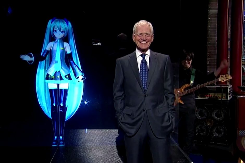 David Letterman (right) with Hatsune Miku