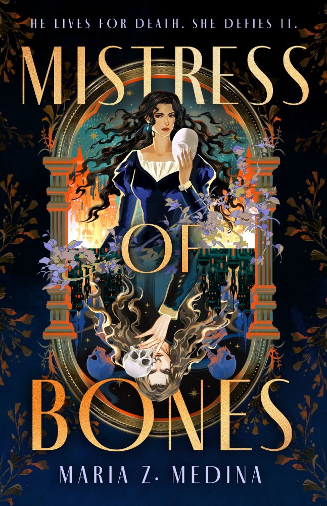 The cover for Maria Z. Medina's MISTRESS OF BONES, which has a woman in an elegant blue dress holding a mask close to her face, and the reverse has a man holding a skull close to his face like a mask