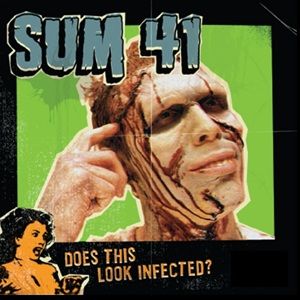 Album cover showing a person in zombie makeup against Illustration of a human head in profile, filled with detailed, diverse scenes and figures. The tone is artistic and introspective. Parental advisory label present, a green background, with the band name "Sum 41" and text "Does This Look Infected?" below.