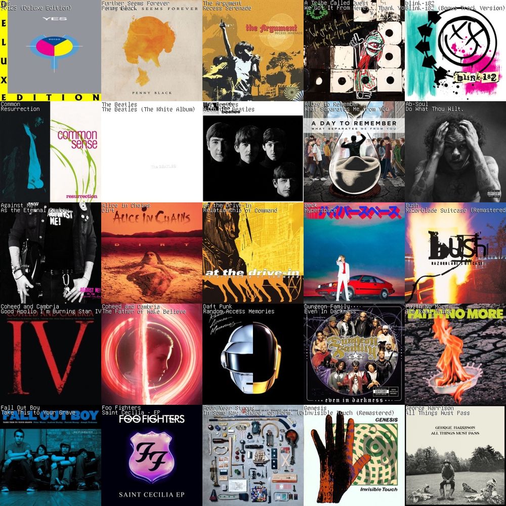 A grid of varied album covers shows diverse designs and styles, including abstract art, band portraits, and colorful graphics, conveying a range of musical genres and moods.