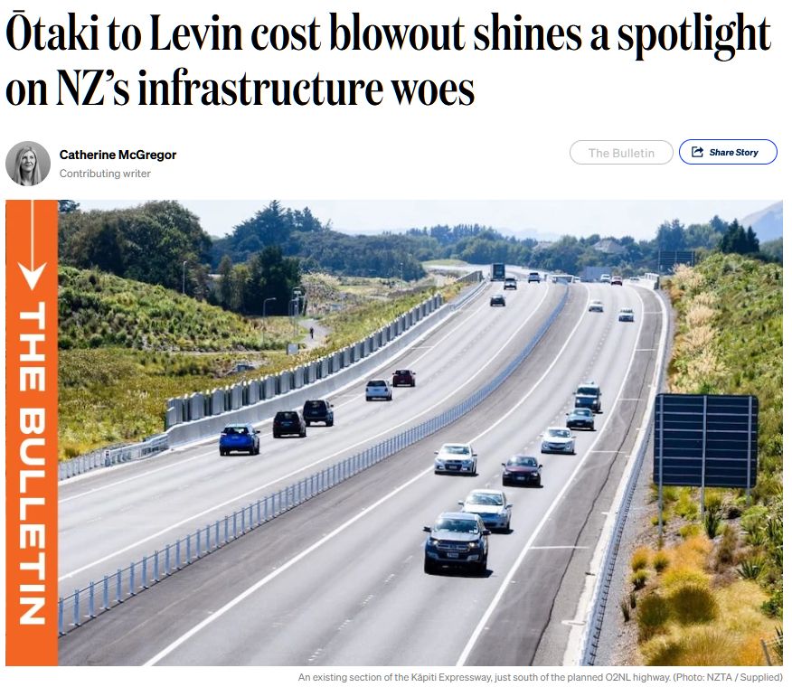 The Spinoff article headline saying: "Ōtaki to Levin cost blowout shines a spotlight on NZ’s infrastructure woes"

With an image of Kāpiti Expressway supplied by Waka Kotahi