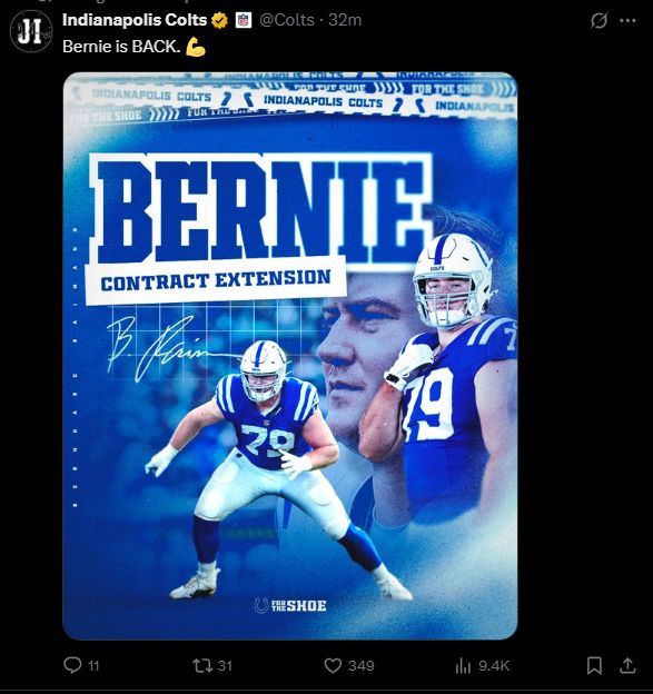 Bernard Raimann's contract extension post by Colts on X that claims "Bernie is BACK" with the bicep emoji.