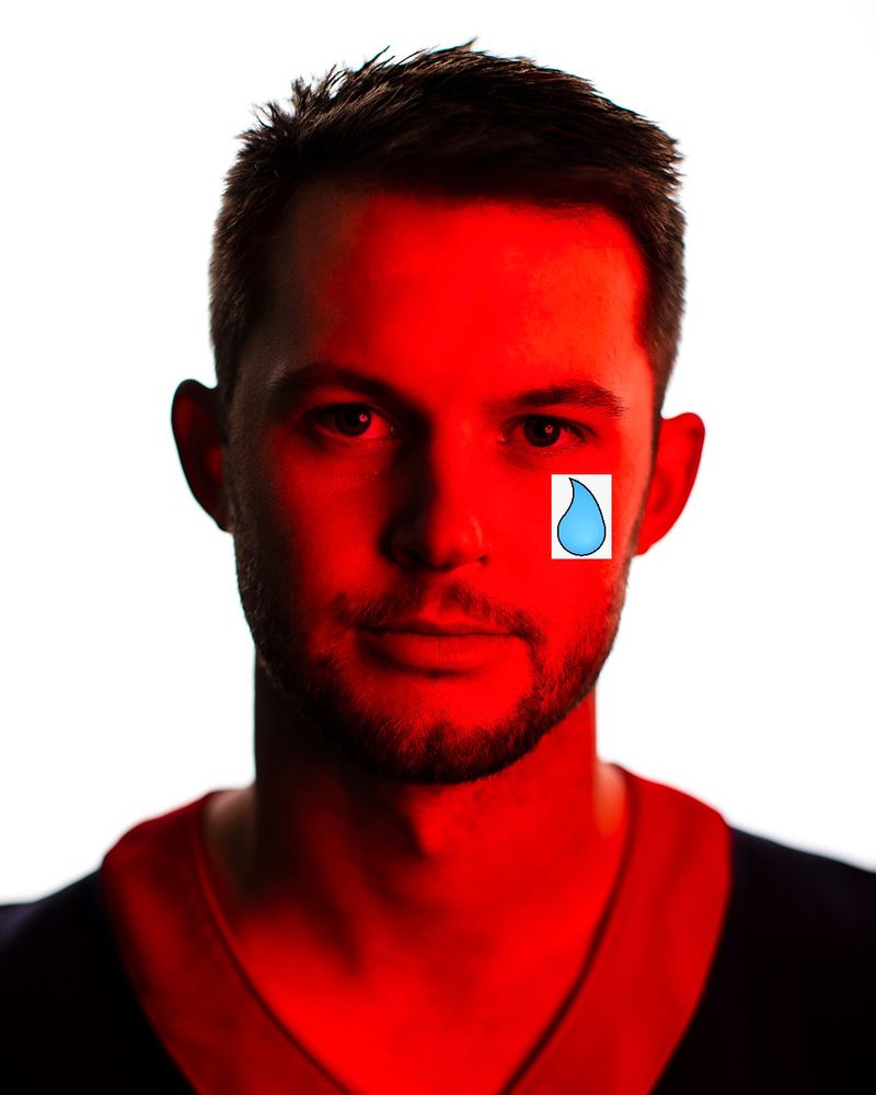 Poorly photoshopped photo of Kyle Allen that has been turned red (by the Texans social media at the time) where I have put a single tear on his face.