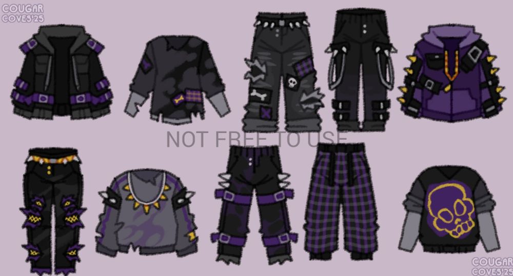A layout of clothing designs that is punk/goth in style, with various spiked accessories and combinations of black, purple, and yellow.