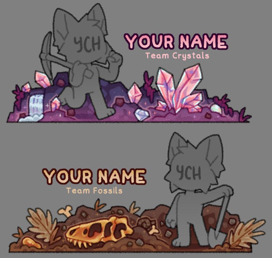 Some chibi YCHs themed after the teams for Art Fight, with Crystals on top and Fossils on the bottom.