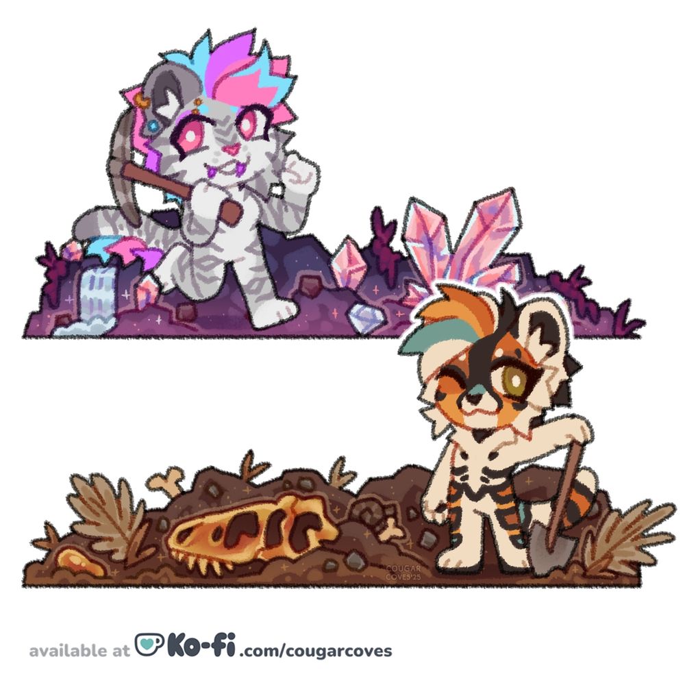 Art Fight banner examples for Crystals and Fossils, featuring CallsignKuri and lyndwyrm.