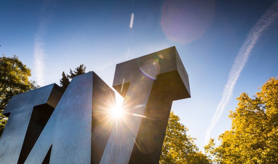 Bronze W letter block on the University of Washington Seattle campus