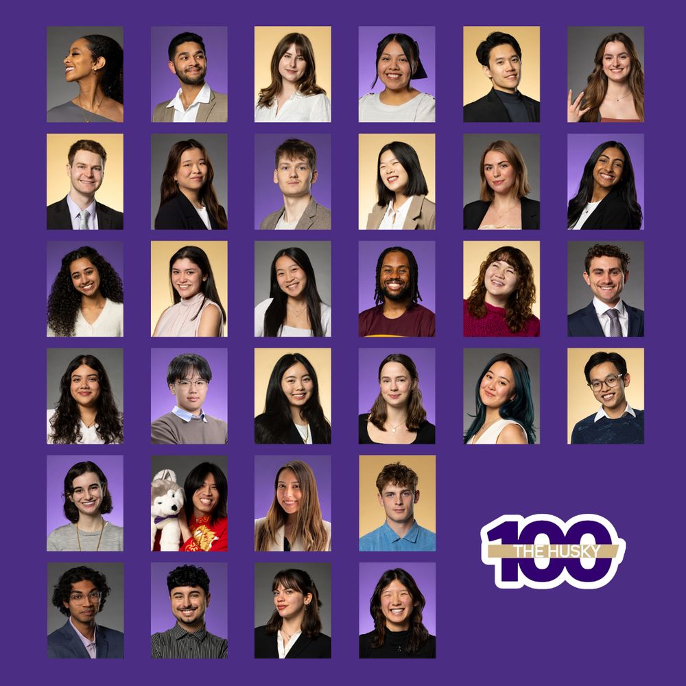 A collage of 32 undergrad and graduate students who are 2025 Husky 100 Honorees this year with a purple background and Husky 100 logo at the bottom right corner.