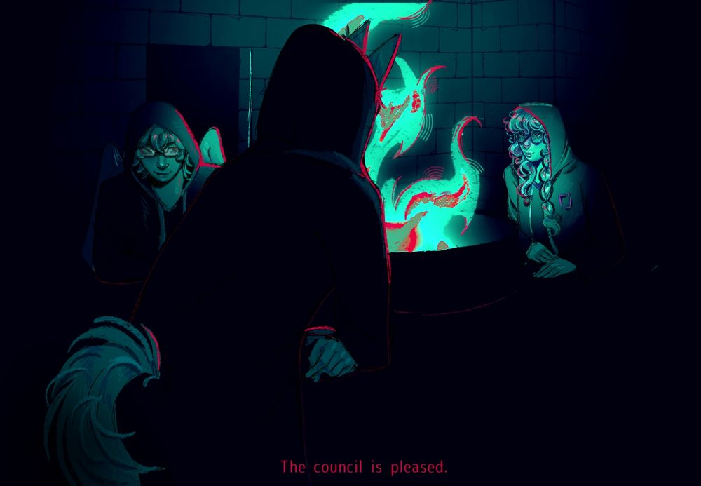 Past Life SMP session 3 fanart. The scene depicts Grian, Gem, and Etho at a meeting after completing their task for the secret society. 

They're located in the nether fortress, surrounded by a cyan-coloured fire.