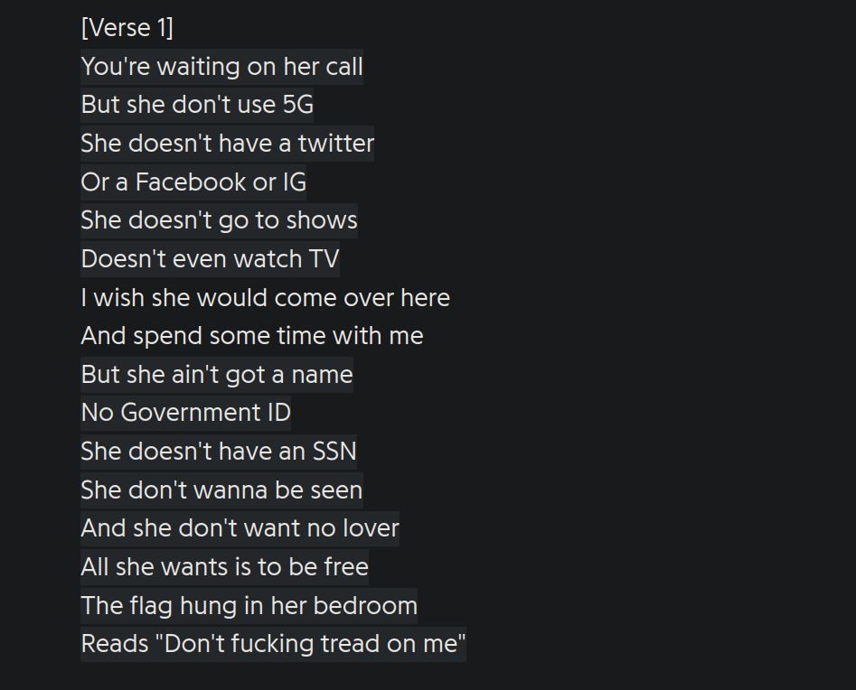 [Verse 1]
You're waiting on her call
But she don't use 5G
She doesn't have a twitter
Or a Facebook or IG
She doesn't go to shows
Doesn't even watch TV
I wish she would come over here
And spend some time with me
But she ain't got a name
No Government ID
She doesn't have an SSN
She don't wanna be seen
And she don't want no lover
All she wants is to be free
The flag hung in her bedroom
Reads "Don't fucking tread on me"