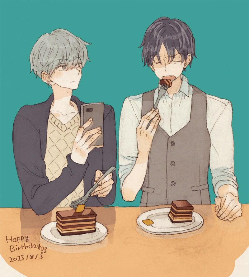 羅漢と一来くんが一緒にケーキ食べてる