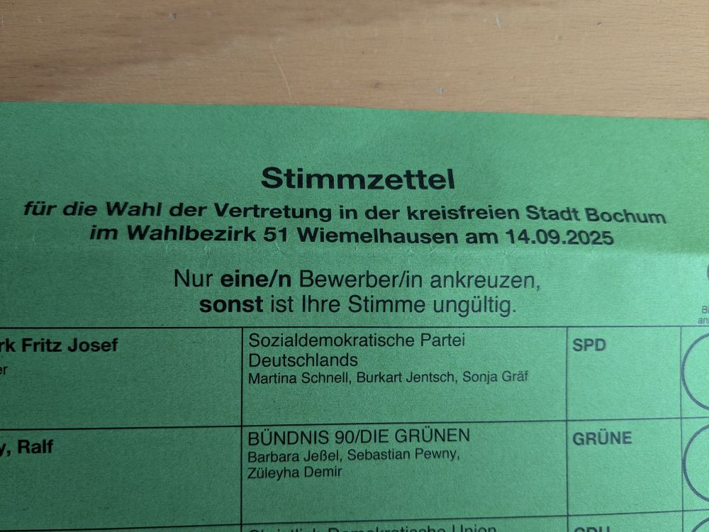 Wahlzettel mit Überschrift "Stimmzettel für die Wahl der Vertretung in der kreisfreien Stadt Bochum im Wahlbezirk..."