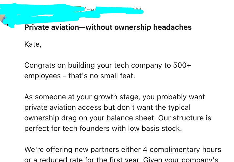 screen shot of LinkedIn solicitation about private aviation