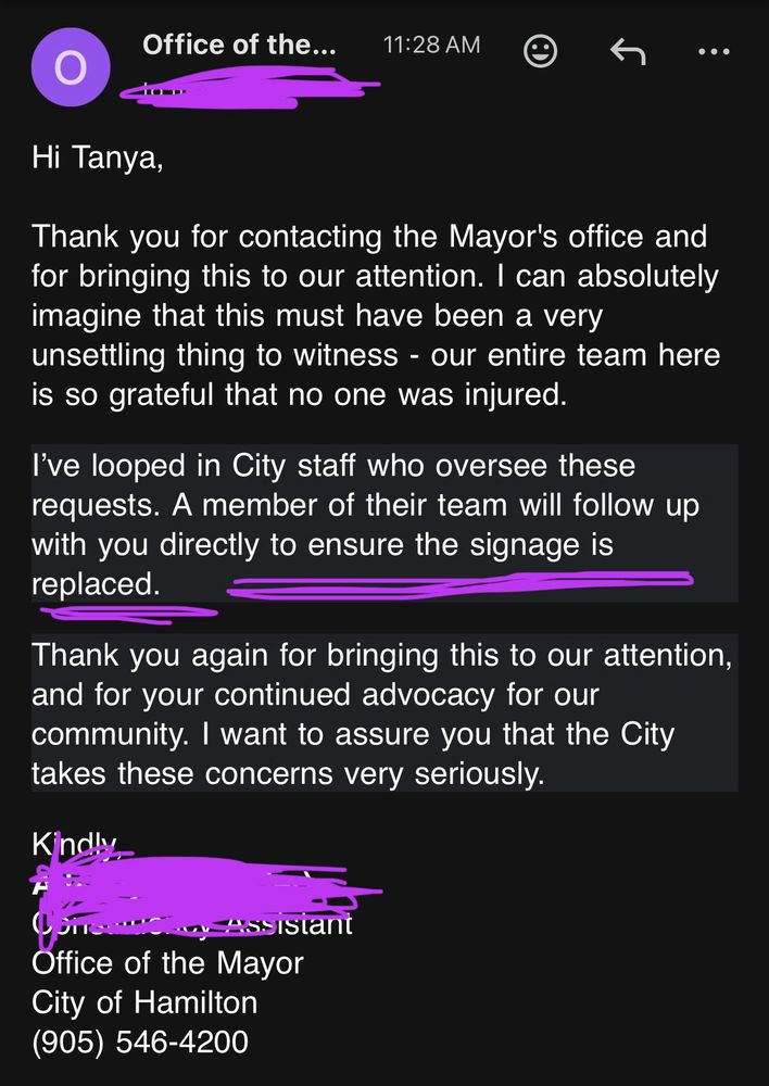 An email I received from staff working for the mayor of Hamilton who seem to think that the primary concern in a high speed collision is the road signage. 