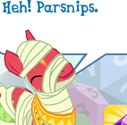 An actual screenshot of Big Mac on the MLP Gameloft game saying “heh! Parsnips”